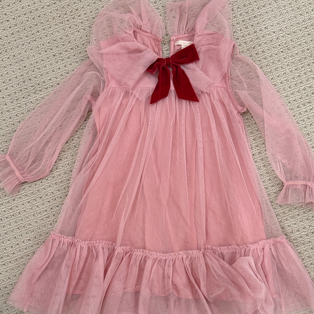 Girls' Pink Tulle Long-Sleeve Dress with Velvet Bow